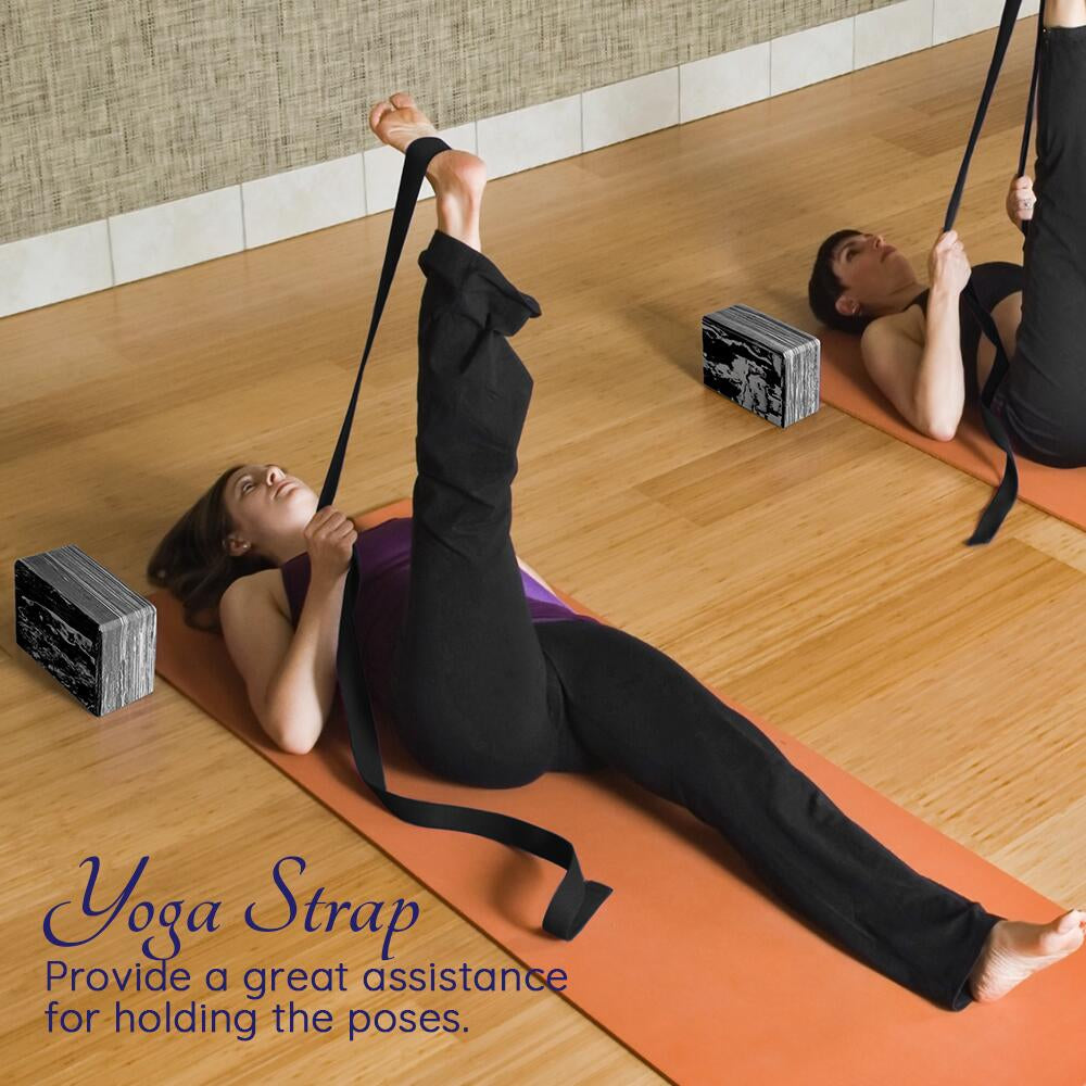 Yoga Blocks 2 Pack plus Yoga Strap with Metal D-Ring for Yoga Pilates Fitness and Gym, Black, 9 In. X 6 In. X 4 In.