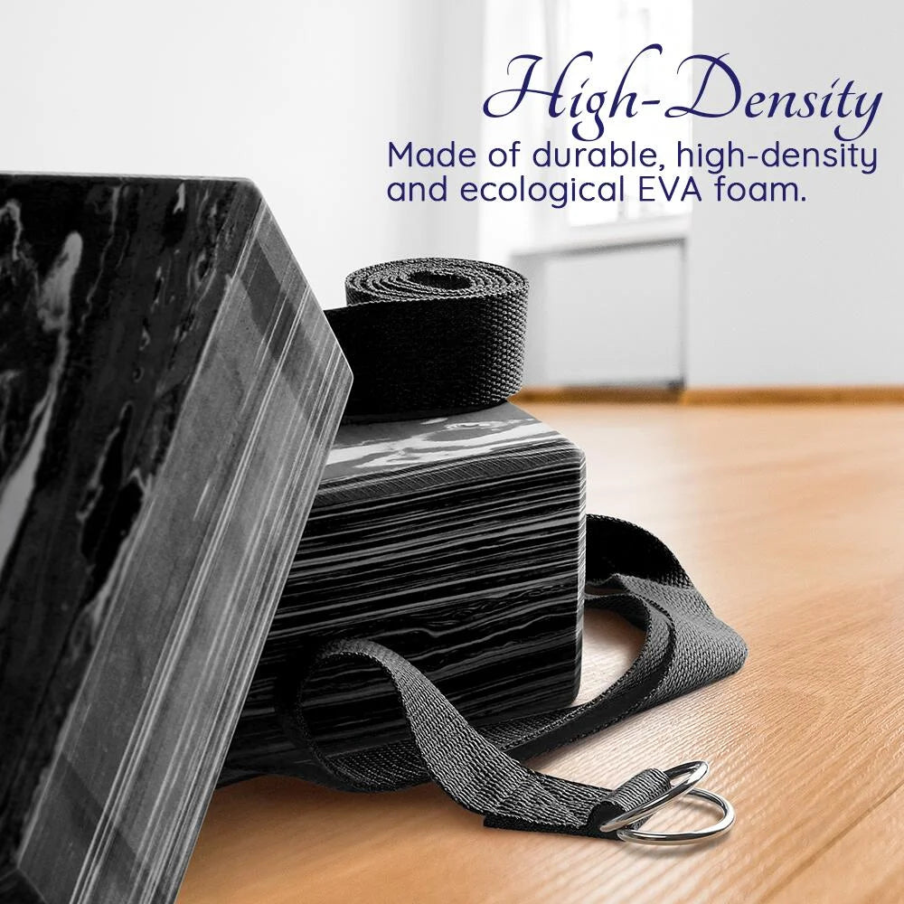 Yoga Blocks 2 Pack plus Yoga Strap with Metal D-Ring for Yoga Pilates Fitness and Gym, Black, 9 In. X 6 In. X 4 In.