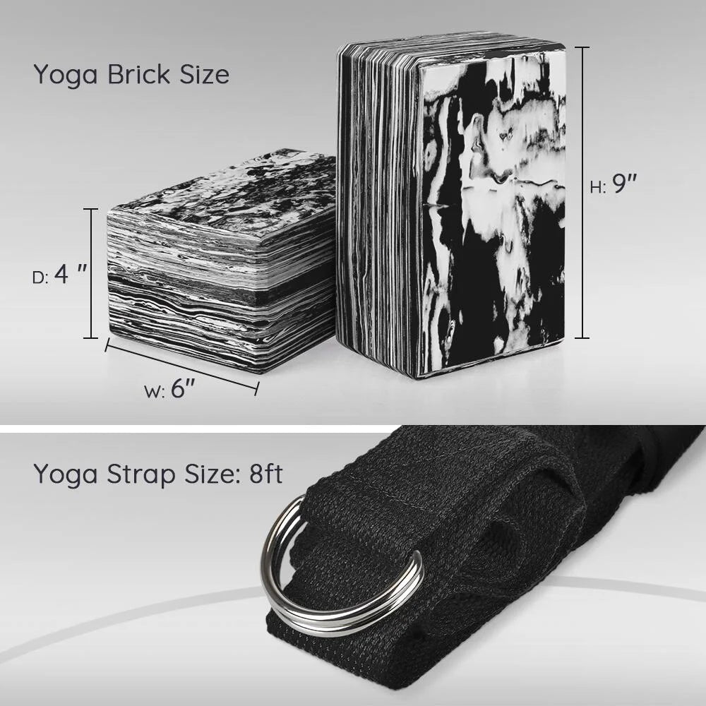Yoga Blocks 2 Pack plus Yoga Strap with Metal D-Ring for Yoga Pilates Fitness and Gym, Black, 9 In. X 6 In. X 4 In.