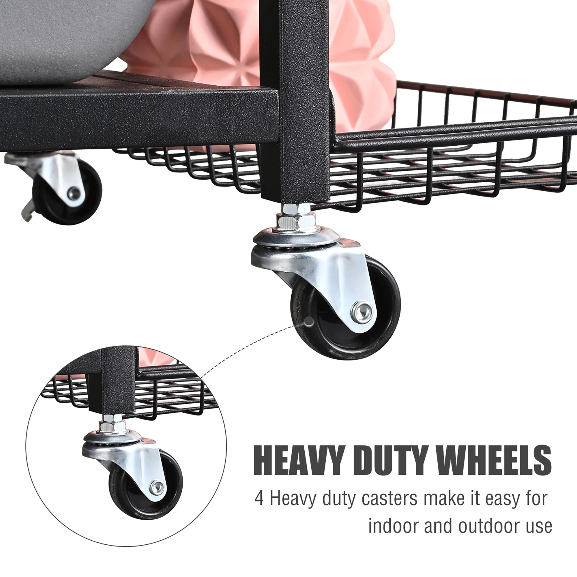 Yoga Mat & Gym Equipment Storage Rack with Hooks & Wheels