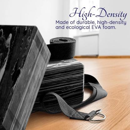 Yoga Blocks 2 Pack plus Yoga Strap with Metal D-Ring for Yoga Pilates Fitness and Gym, Black, 9 In. X 6 In. X 4 In.