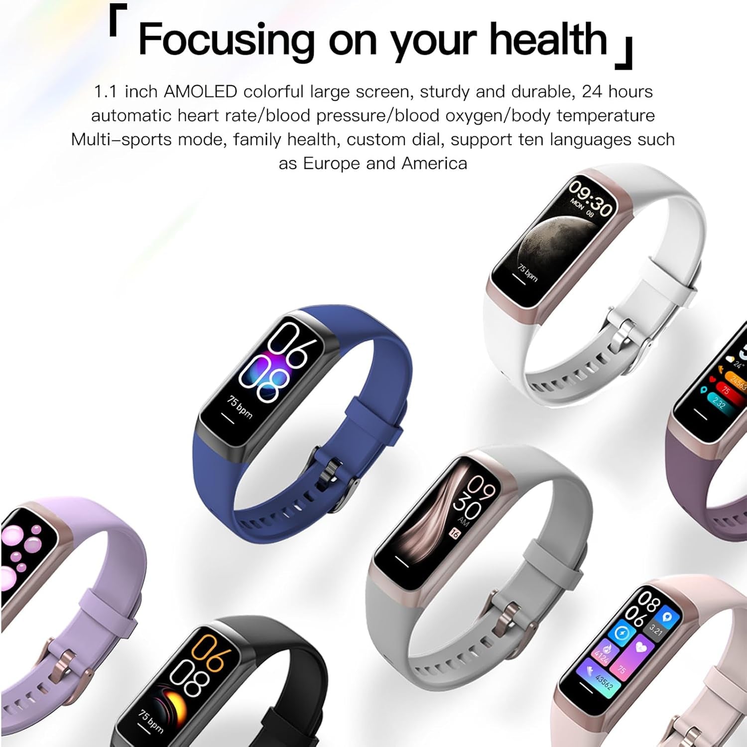 Fitness Tracker - AMOLED Display, Heart Rate, Blood Pressure Monitor
