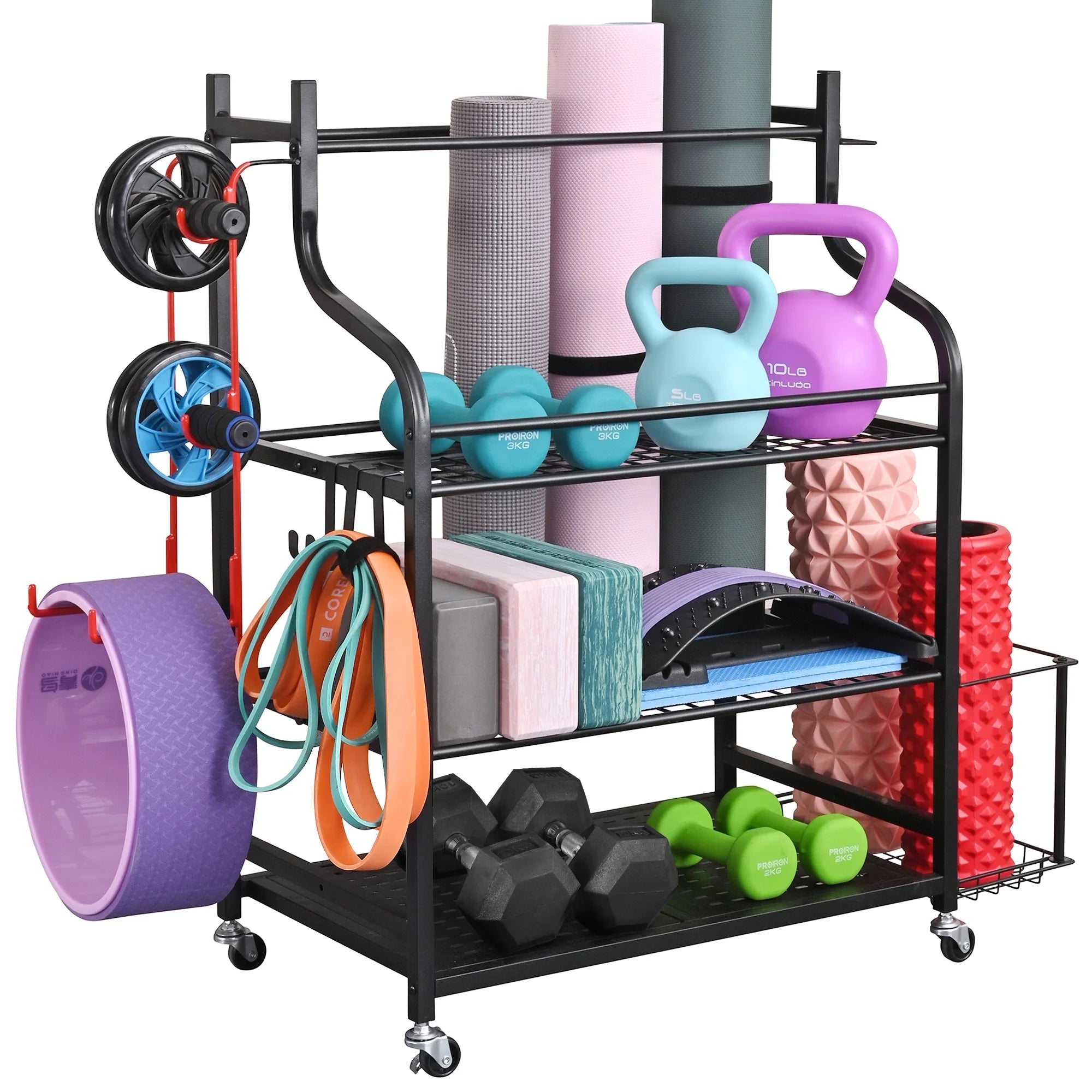 Yoga Mat & Gym Equipment Storage Rack with Hooks & Wheels