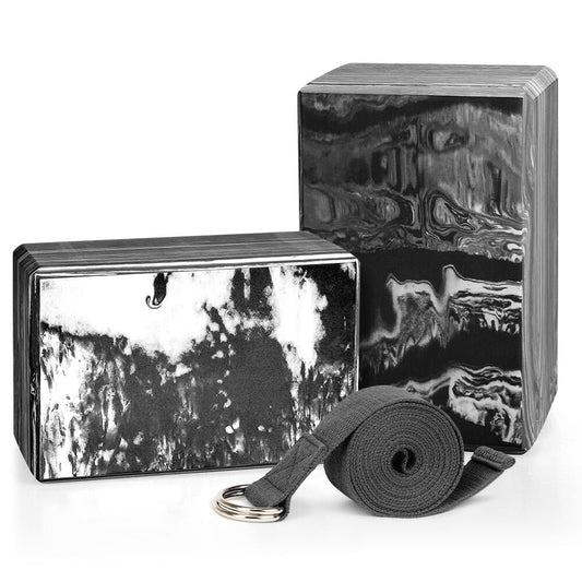 Yoga Blocks 2 Pack plus Yoga Strap with Metal D-Ring for Yoga Pilates Fitness and Gym, Black, 9 In. X 6 In. X 4 In.