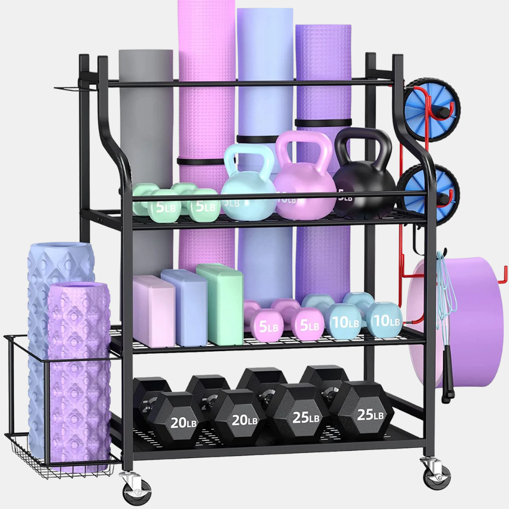 Yoga Mat & Gym Equipment Storage Rack with Hooks & Wheels