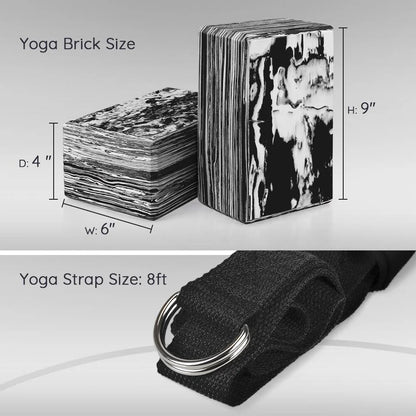Yoga Blocks 2 Pack plus Yoga Strap with Metal D-Ring for Yoga Pilates Fitness and Gym, Black, 9 In. X 6 In. X 4 In.