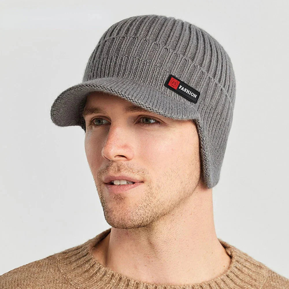 Men's Winter Hat - Knitted Cap with Windproof Visor & Ear Protection