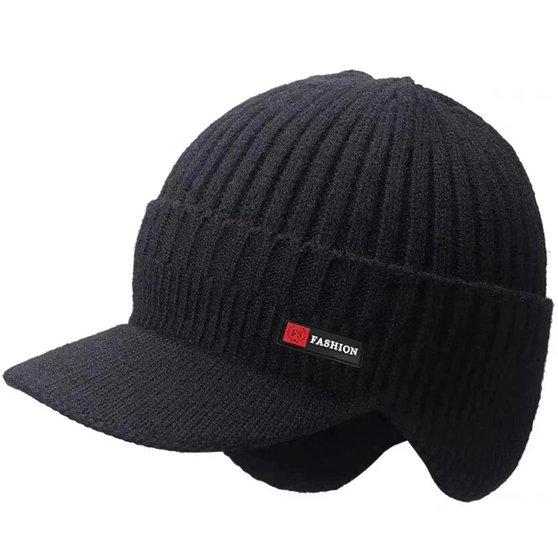 Men's Winter Hat - Knitted Cap with Windproof Visor & Ear Protection