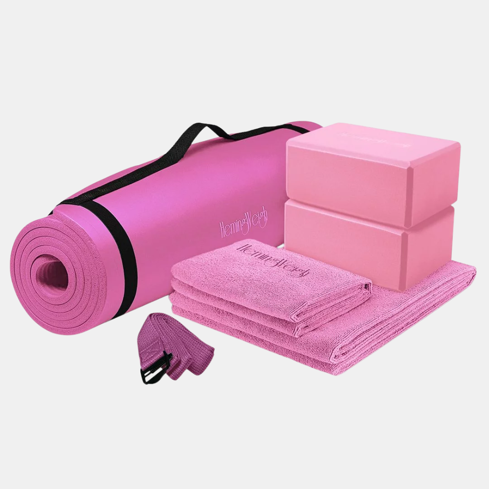 Polyester 72" Assembled Length Yoga Mat with Non-Slip Blocks, Strap, Towels, Pink