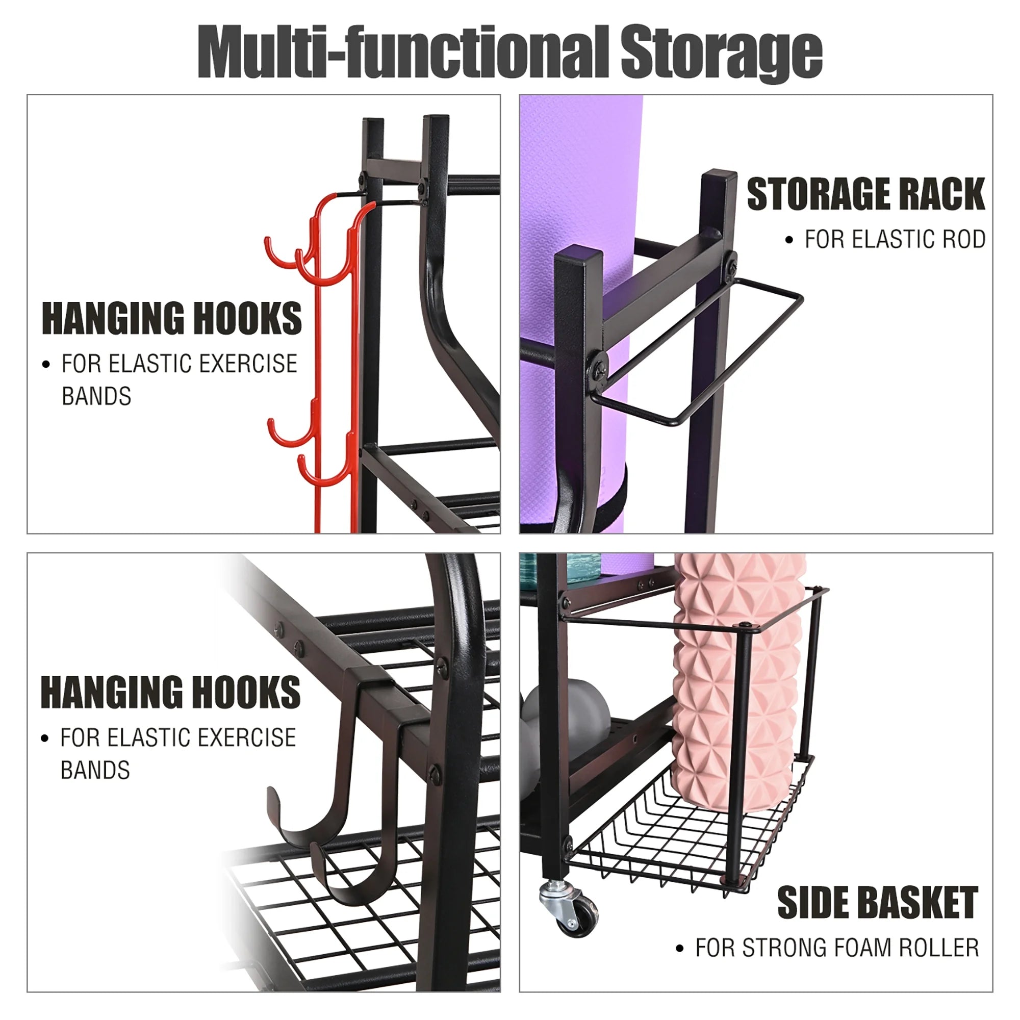 Yoga Mat & Gym Equipment Storage Rack with Hooks & Wheels