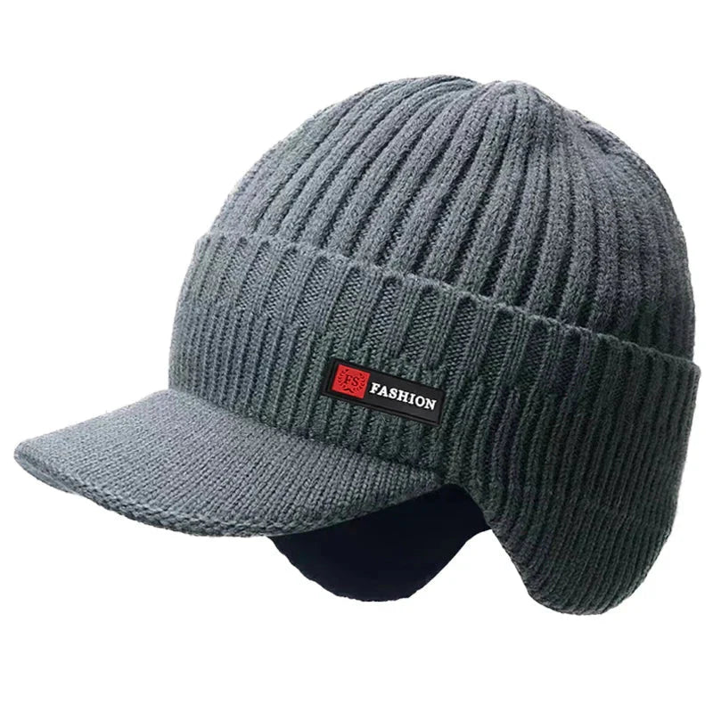 Men's Winter Hat - Knitted Cap with Windproof Visor & Ear Protection
